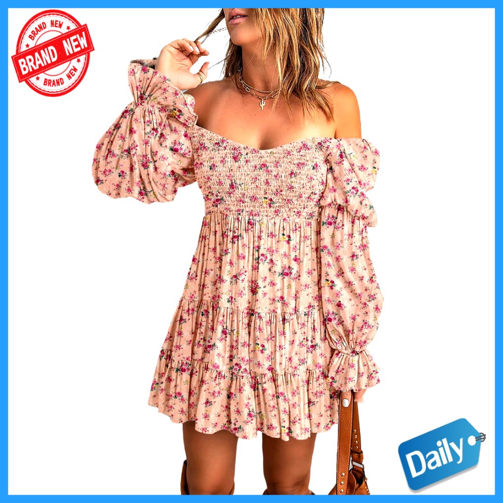 Off Shoulder V Neck Long Sleeve Ruffle Flowy Mini Skater Dress Elegant Chic